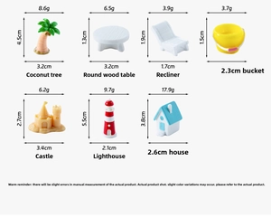 Size chart showing dimensions for miniature beach landscape resin decor items