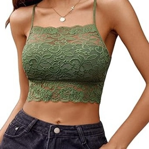 Olive green floral lace crop top camisole with scalloped edges and slim straps
