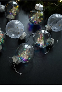 Detail of clear Christmas ball ornaments with iridescent foil and star-filled mesh inserts