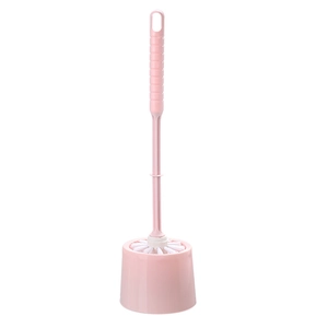 Pink long-handled toilet brush set with holder, durable plastic cleaning tools