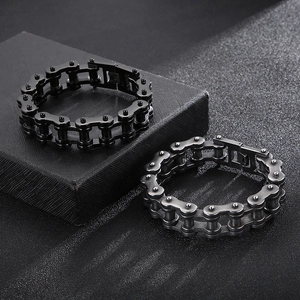 Detail of 18mm titanium steel bicycle chain bracelets in black and gunmetal finishes
