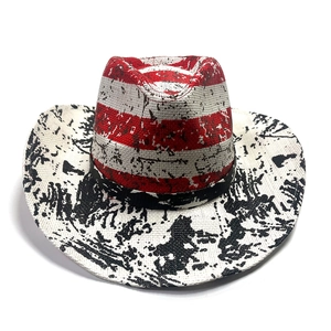 Detail of hand-painted American flag straw cowboy hat with vintage distressed star patterns