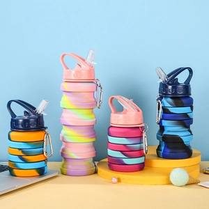 Collapsible silicone camouflage water bottles with straw lid and metal carabiner set