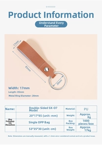 Detail view of brown PU leather keychain with silver metal ring and precise dimensions