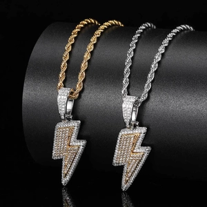 Hip hop lightning bolt pendant necklaces with zircon inlay in gold and silver finish