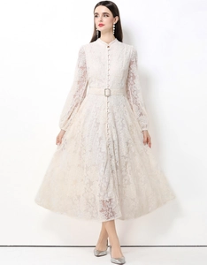Robe Longue Élégante En Dentelle Rétro Française Col Montant Manches Lanternes Broderie Florale Taille Haute Avec Ceinture