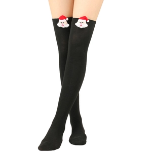 Detail of black over-knee Christmas stockings with Santa Claus plush figure decoration
