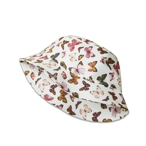 Detailed top view of a white bucket hat featuring realistic colorful butterfly prints