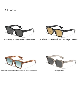 Detail display of square frame sunglasses in black, tortoiseshell, and jelly grey colors