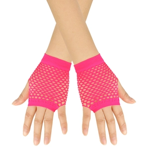 Close-up of neon pink mesh fishnet gloves with high-stretch texture for party wear