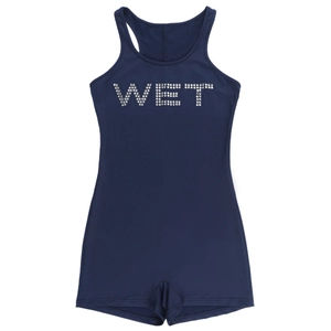 Detail of navy blue ribbed romper with shiny silver rhinestone WET lettering on front