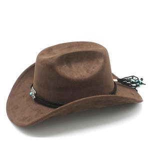 Brown faux suede cowboy hat detail with black woven band and turquoise metal studs