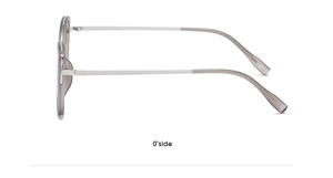 Side view of cat eye sunglasses with grey lenses and slim silver metal temples