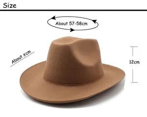 Size chart showing 57-58cm circumference and 8cm brim width for wool felt hat