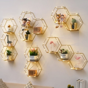 Étagère Murale Hexagonale Métal Fer Bois Rangement Géométrique Avec Guirlande Lumineuse LED Décoration Maison