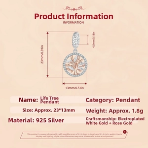 Detailed size specifications for a two-tone 925 sterling silver Tree of Life pendant charm