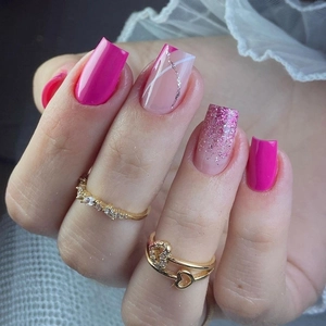 Long Square Press On Nails ABS Plastic Rose Pink Glitter Gradient Geometric Line French Style Fashion For Women