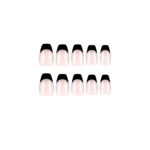 Short ballet black French tip press-on nails with nude pink base, set of 10 pieces
