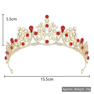 Golden Baroque crown with red teardrop rhinestones and 5.5cm height for pageant weddings