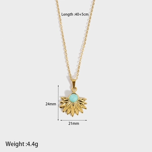 Detailed view of gold sunburst pendant necklace with size, weight and dimension labels