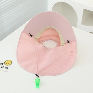 Pink sun hat detail with mesh neck flap, wide brim, and green safety whistle accessory