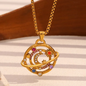 Compass Pendant Necklace Stainless Steel 18K Gold Plated Colorful Cubic Zirconia Celestial Moon Star Sun For Women
