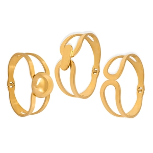 Three-piece gold plated geometric hollow bangles featuring ball and minimalist wave designs