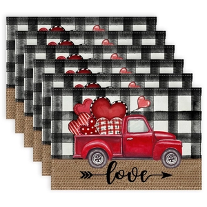 Set of 6 Valentine linen placemats with buffalo plaid and red vintage truck love design