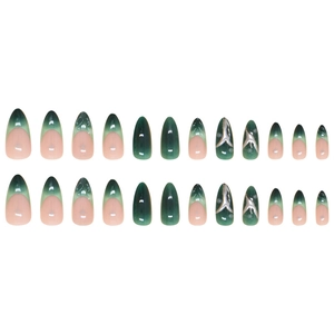 Deep forest green press-on nails set with 3D beads and marble texture on almond shape