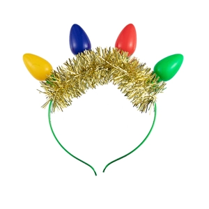 Detail of Christmas headband with colorful light bulbs and golden tinsel decoration