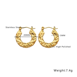 Detailed specs of 20mm irregular lava textured high polished stainless steel gold hoop earrings