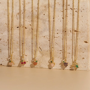 Fruit Pendant Necklace Copper 14K Gold Plated Colorful Zircon Cherry Apple Grape Coconut Tree Elegant Jewelry For Women