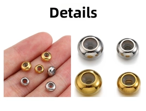 Macro detail of gold and silver stainless steel slide beads for DIY jewelry making
