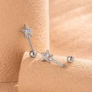 Star-shaped titanium steel ear studs with iridescent gemstones and screw ball backs