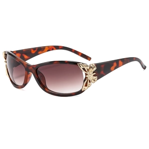 Rectangle tortoise shell sunglasses for women with gold butterfly temple decoration