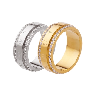 Titanium steel ring with Roman numerals and double row crystals in silver and gold