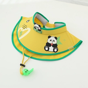 Detail of yellow kids sun hat featuring panda print, mesh layer, and a green whistle