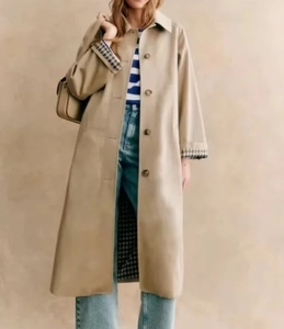 Detailaufnahme des khakifarbenen Trenchcoats mit klassischem Karofutter und Knopfleiste