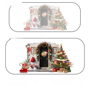 Detail view of HD waterproof Christmas wall decals featuring trees, stockings and snowmen