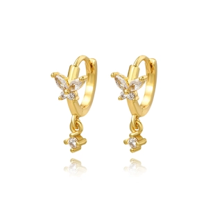 Gold plated butterfly drop earrings with clear zircon crystals on white background