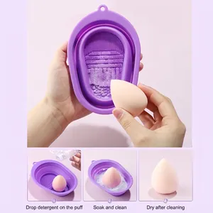 Purple silicone collapsible makeup brush cleaning bowl with sponge and 3-step usage guide