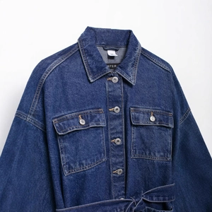 Women's vintage dark blue denim jacket with waist belt and turn-down collar style