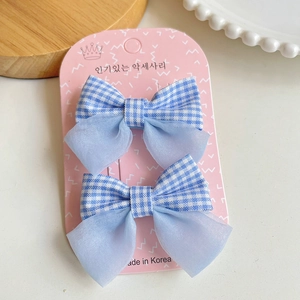 Lot de 2 barrettes à cheveux nœud en tissu à carreaux bleu clair et organza pour filles