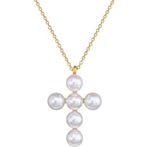Minimalist gold titanium steel necklace featuring a cross pendant made of six white pearls