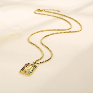 Gold stainless steel Virgin Mary pendant necklace with colorful square zircon stones