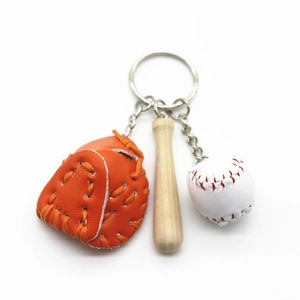 Three-piece baseball keychain set featuring a leather glove, wooden bat, and white ball