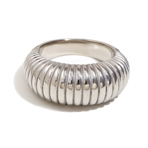 Polished silver croissant ribbed band ring in a chunky stainless steel design