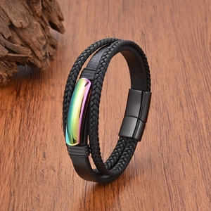 Men's multilayer black braided leather bracelet with rainbow metal plate and magnetic clasp