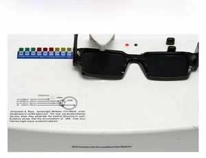 Detail showing square frame sunglasses undergoing UV400 protection testing with UV tester