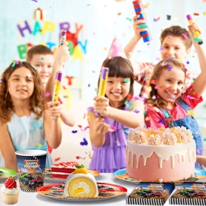 Monster Truck themed birthday party tableware set with paper plates and cups in blue and red